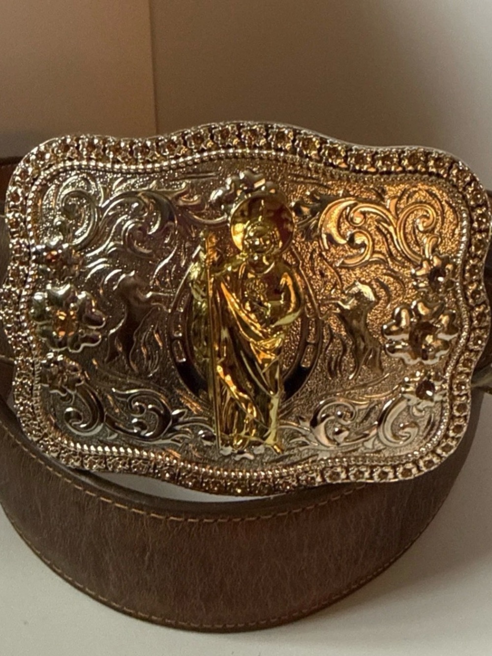 Saint Jude (SanJudas)Gold and Silver Western Buckle Brown Leather Belt Size 38